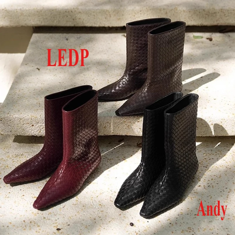 

Original Designer Brand Cowhide Winter New Style Braid Retro Boots Fashion Square Loose Straight Sleeve Ankle Boots for Women