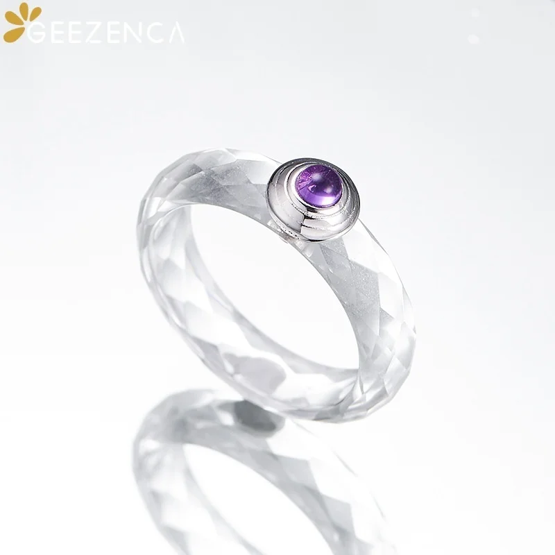 GEEZENCA Round Amethyst Stone 925 Silver Size 7 White Crystal Band Rings For Women Clear Dainty Stackable Statement Ring Gift