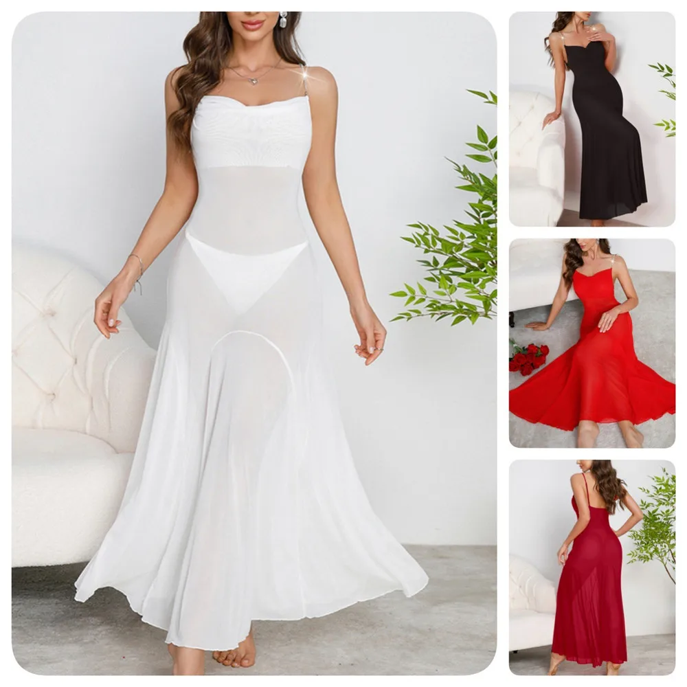 

Summer Chiffon Female Long Nightgown Sleepwear Sexy Mesh Suspender Nightdress Nighty Home Dress Loungewear