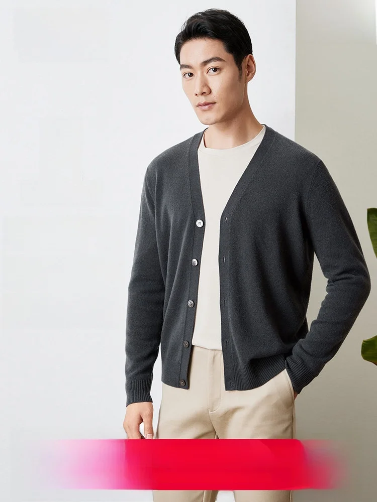 Hengyuanxiang Men's Pure Color Knitted Woolen Cardigan Casual Fashion City Style Spring Autumn New Arrival Business Casual V-...