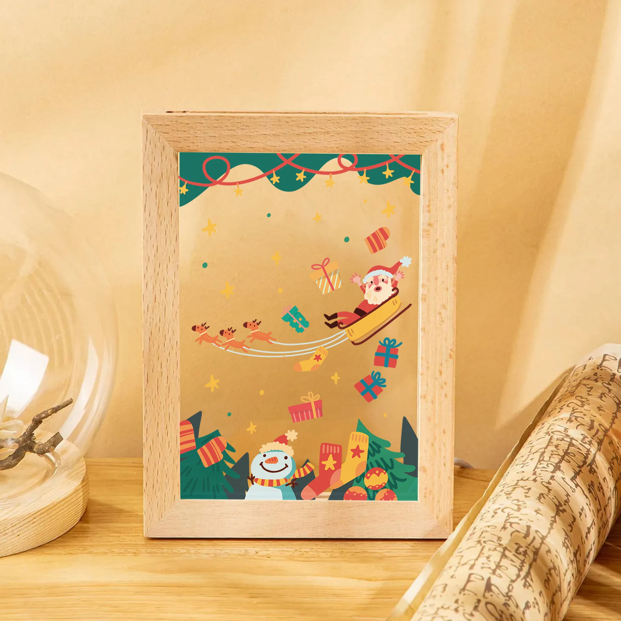 2D شقة سانتا مزلقة LED الاكريليك ليلة ضوء الخشب إطار صور 21x17 سنتيمتر الكرتون الأطفال عيد الميلاد غرفة نوم هدايا ديكور المنزل #4