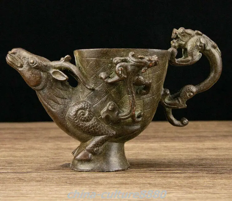 

Old China Pure Bronze Carving Dynasty Dragon Beast Goblet Bowl - Brass animal sculpture