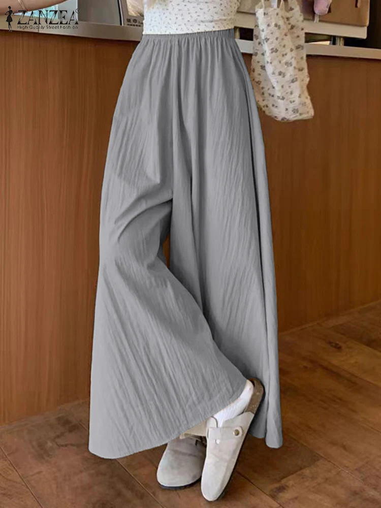 ZANZEA Korean Fashion Long Pantalons Holiday Summer Solid Pants Women Wide Leg Texture Fabric Trouser Vintage Elastic Waist Pant