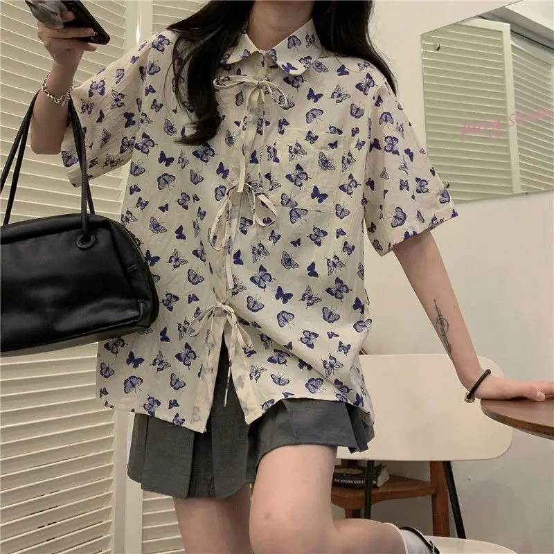 Summer new Korean style Japanese butterfly print short-sleeved shirt women's loose and slim top trendy women clothing y2k tops