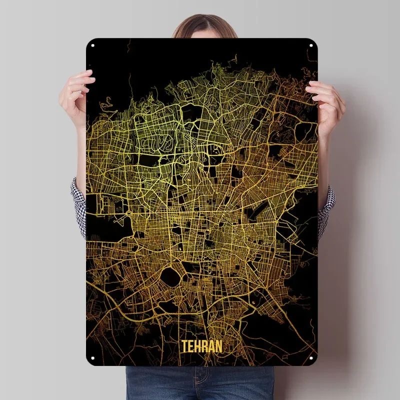 طهران الذهب خريطة ملصق خريطة علامة معدنية مقهى بار اكسسوارات مخصصة القصدير ل جدار الفن الديكور عناصر ديكور المنزل الرجعية #1
