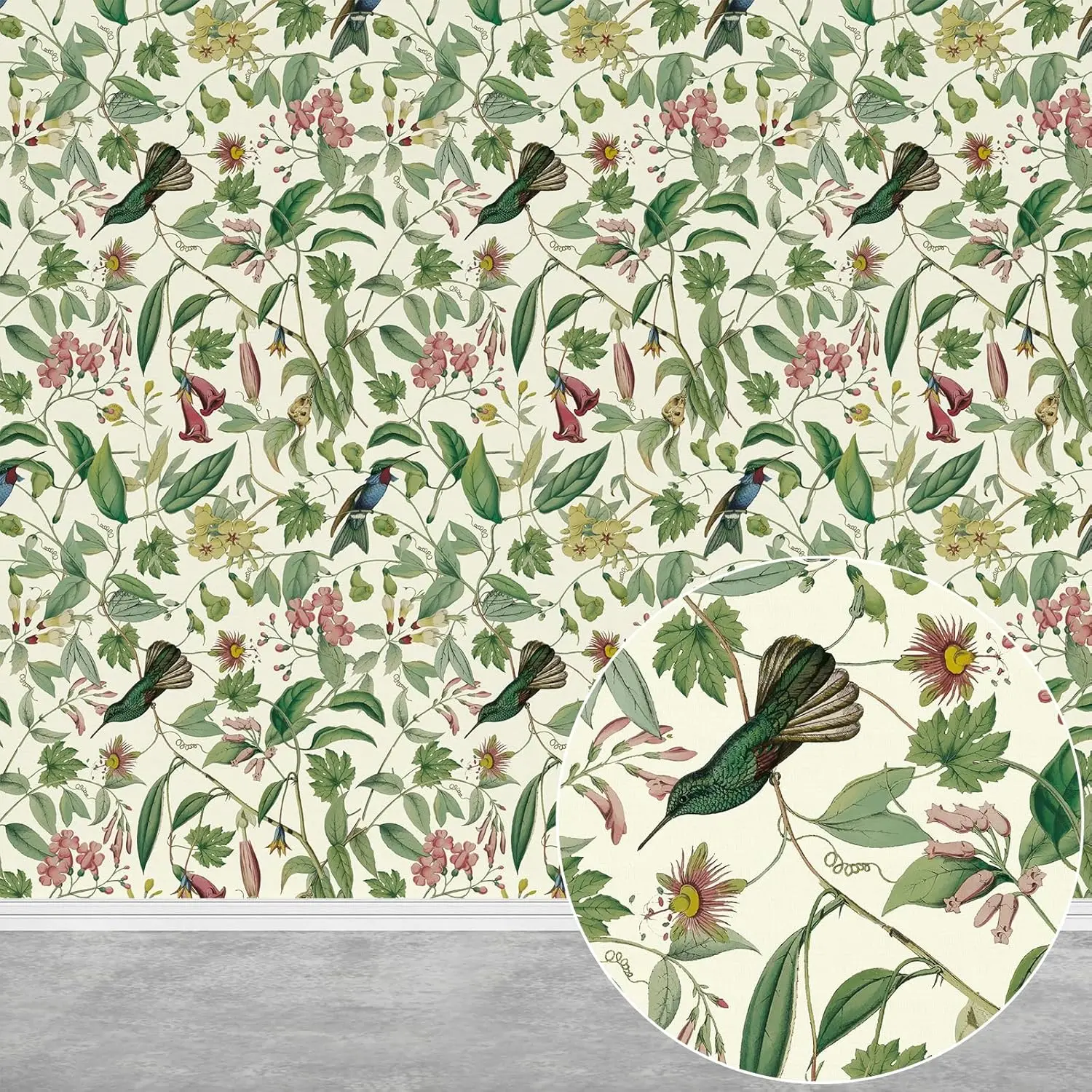 Green Floral Birds Peel and Stick Wallpaper Hummingbird Leaf Self Adhesive Wall Paper Removable Flower Contact Paper for Home
