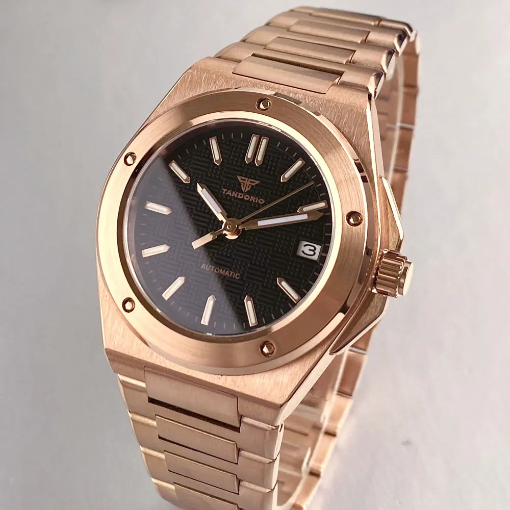 Tandorio Luxury 40mm Rose Gold Engineer Style Black Dial 10ATM Sapphire Luminous Automatic Miyota8215 Men Mechanical Watch Date