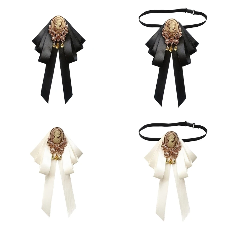 

Women Vintage Lady Portrait Bowtie Brooch Pin Student Uniform Jewelry Bowknot Clip Shirt Jabot Collar Pre-Tied Necktie