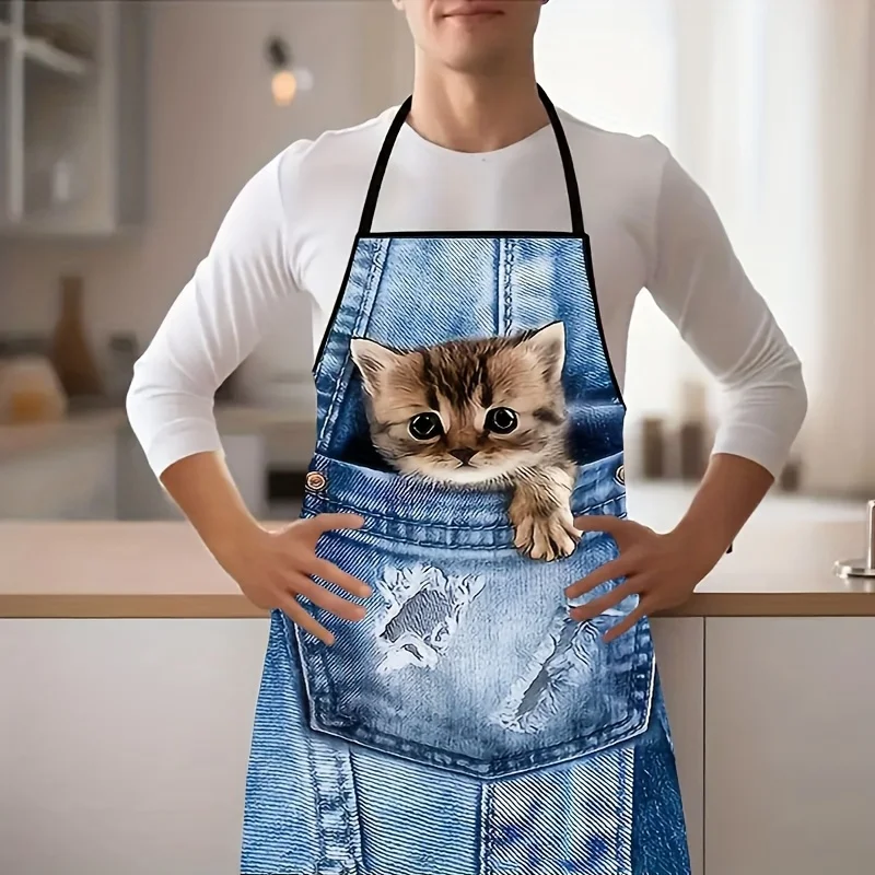 Grembiule da cucina per gatti tascabili blu denim da 1 pezzo, adatto per cucinare, cuocere al forno, pulire la casa, barbecue e feste all'aperto