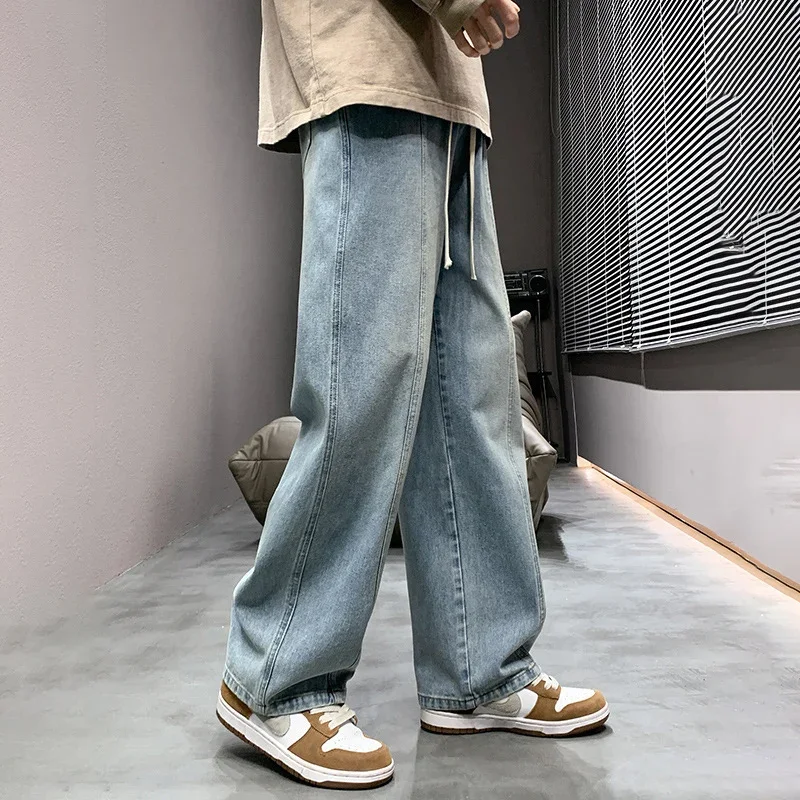 TFETTERS Brand Fashion Baggy Jeans Men Spring Japan Style Solid Color Loose Mens Jeans Mid Straight Drawstring Wide Leg Pants