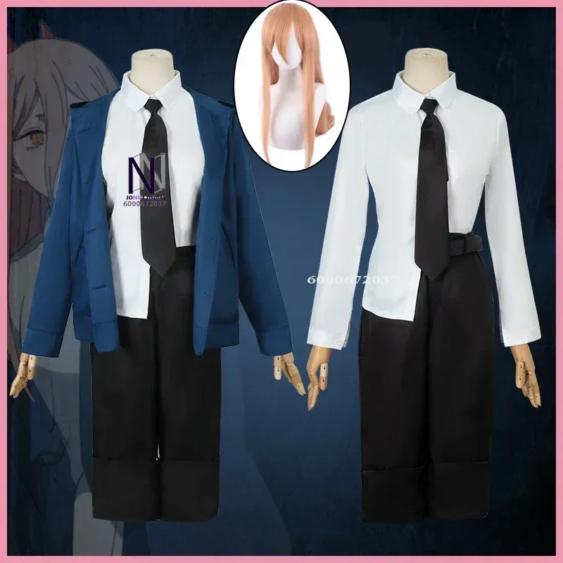 Anime Power Costume Cosplay Motosega Uomo Abiti Abito blu Camicia Cravatta Parrucca corta Anello al collo per donna Set uniformi per feste di Halloween