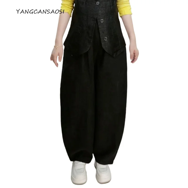 

Women's Fashion Black 100% Natural Mulberry Silk Turtle Crack Gambiered Guangdong Gauze Retro Pocket Design Straight-leg Pants