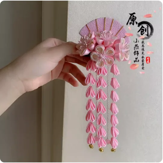 2024 Japanese Zephyre Fabric Headdress Tassel Flower Group Hanfu Photography Pink Blue Hairpin Side Clip Headwear Hair Accessory