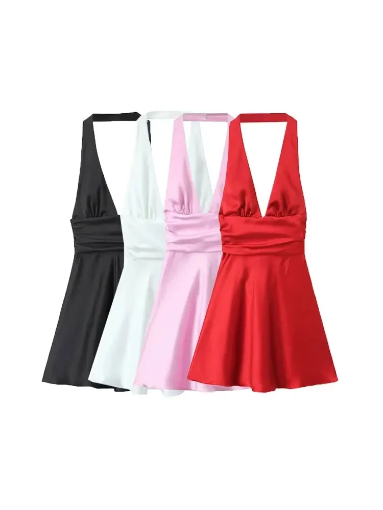 Rückenfreies Mini-Neckholder-Kleid mit Schleife für Damen, V-Ausschnitt, ärmellos, Damenkleider, sexy Mode