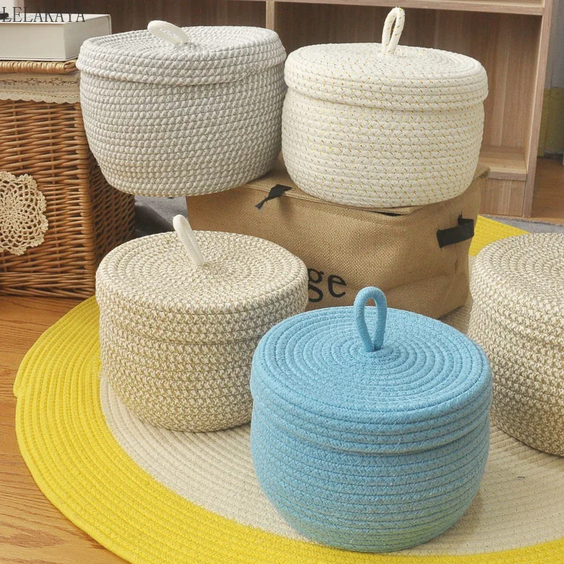 

Round Storage Basket with Lid Cute Girls Bedroom Organizer Desktop Cosmetic Storage Box Nordic Style Hand-woven Storage Basket