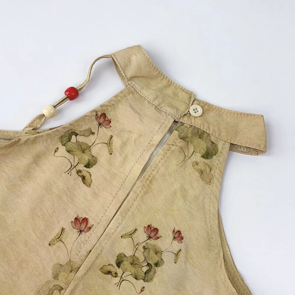 فستان صيفي للفتيات من عمر 3 إلى 7 سنوات على الطراز الصيني مطبوع بدون أكمام ورقبة معلقة قطعة واحدة ملابس أطفال ريترو حلوة #5