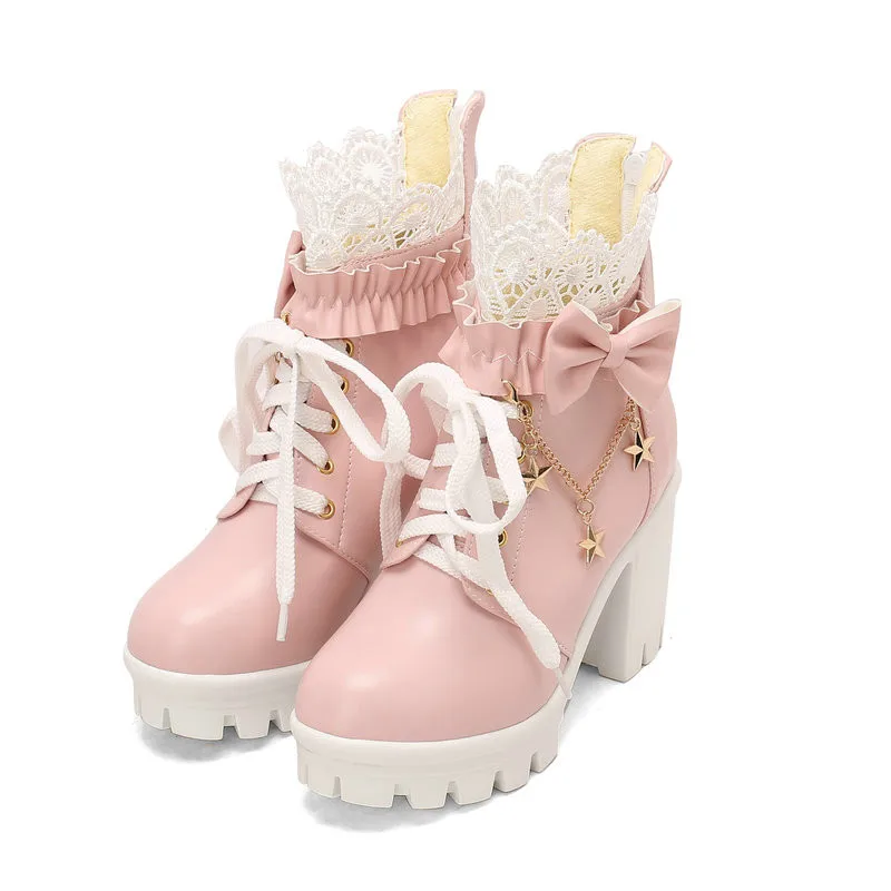 Kawaii Lolita Ankle Boots Round Toe Block High Heel Bow Chain Decor Autumn Winter Short Booties