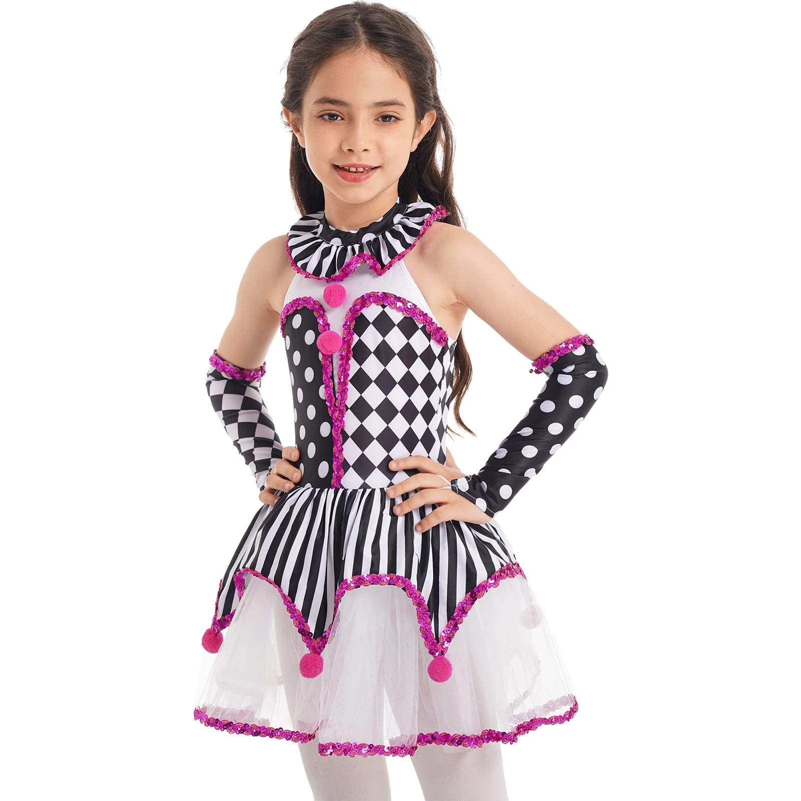 Kids Girls Clown Costume Outfit Sleeveless Grid Pompoms Corset Tutu Leotard Dress for Halloween Christmas Cosplay Party