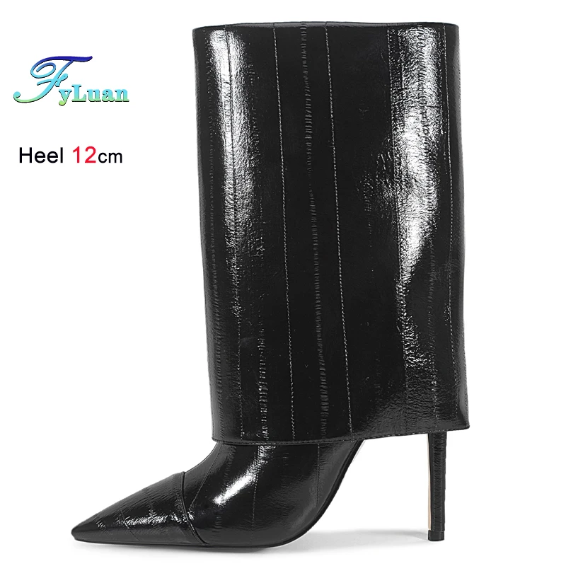 

Новые модные женские черные сапоги-трубы на тонком высоком каблуке 12 см с острым носком, осенне-зимние, до середины икры, для вечеринок, CD