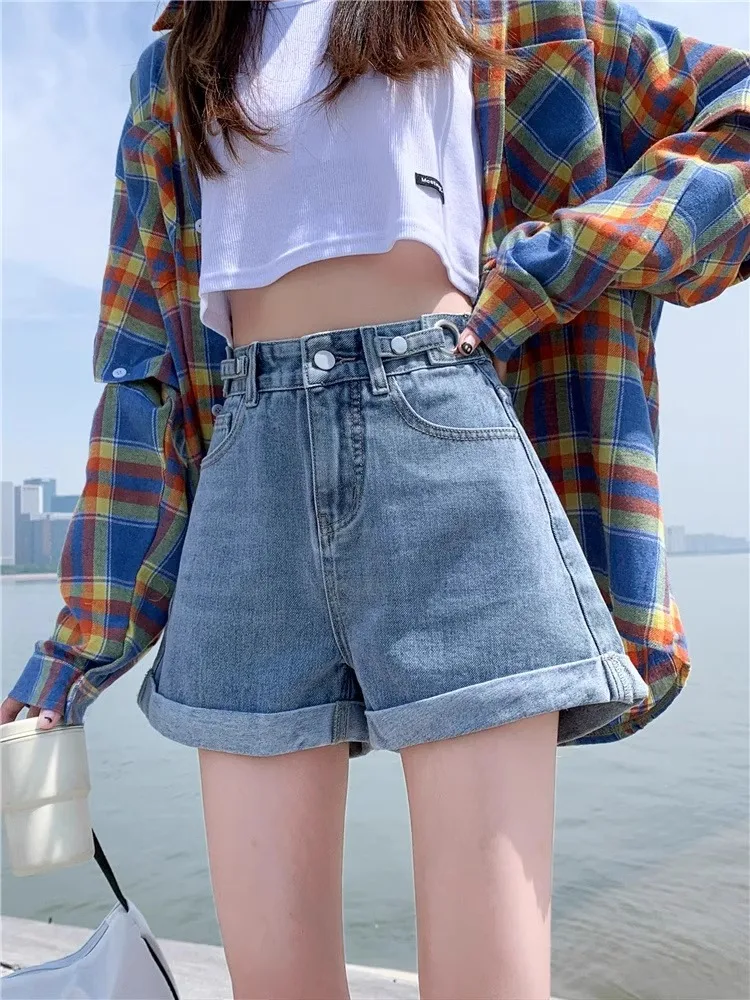 High Waist Cuffed Denim Shorts Women Loose Slimming Summer Thin New Design A-Line Short Pants Cotton Polyester Spandex Blend