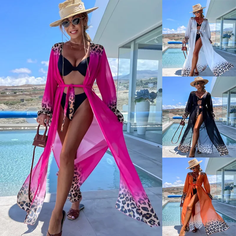 

Summer Women Beach Cover Ups Sexy New 2023 Long Dress Solid Printed Elegant Loose Casual Lace Up Long Sleeve Dresses Ladies