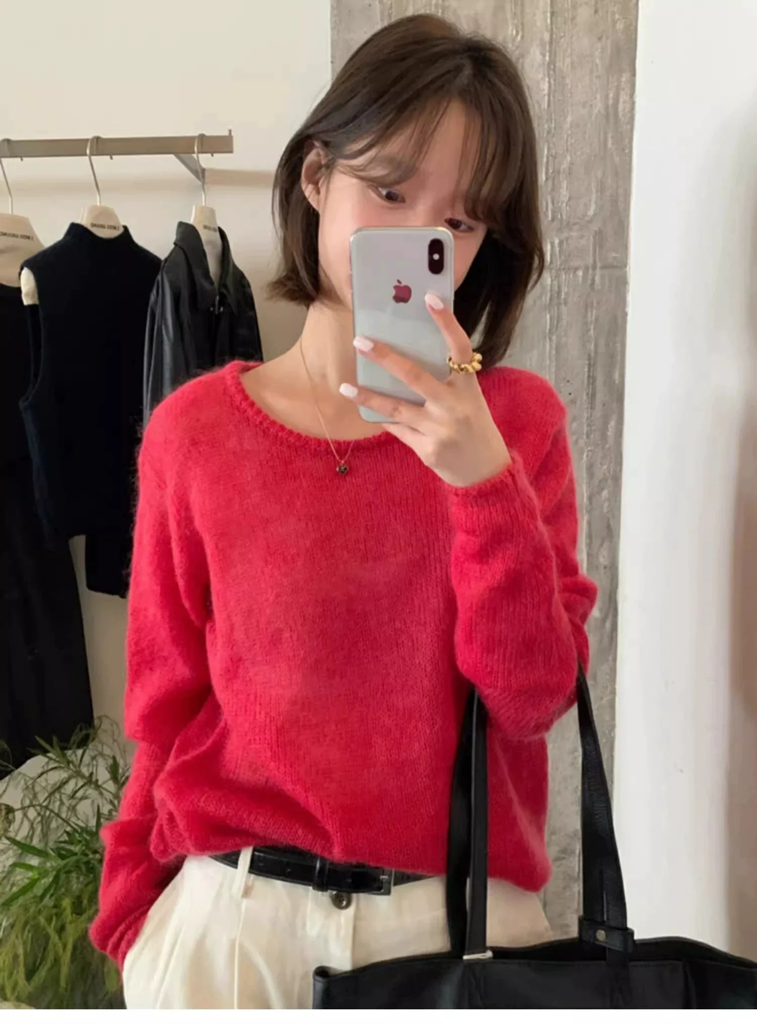 

Women's pullover autumn/winter 100% pure wool sweater casual knitted sweater round neck loose Tops basic versatile Blouse