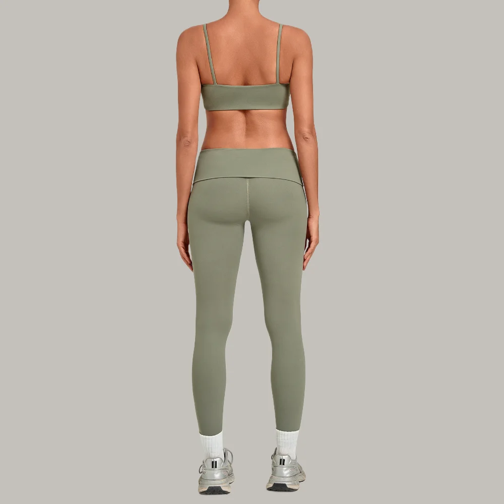 Yoga Set 2 Piece Workout Sets Women Spaghetti Strap Backless Crop Top Removable Pads High Waist Fold Over Capri Leggings Summer