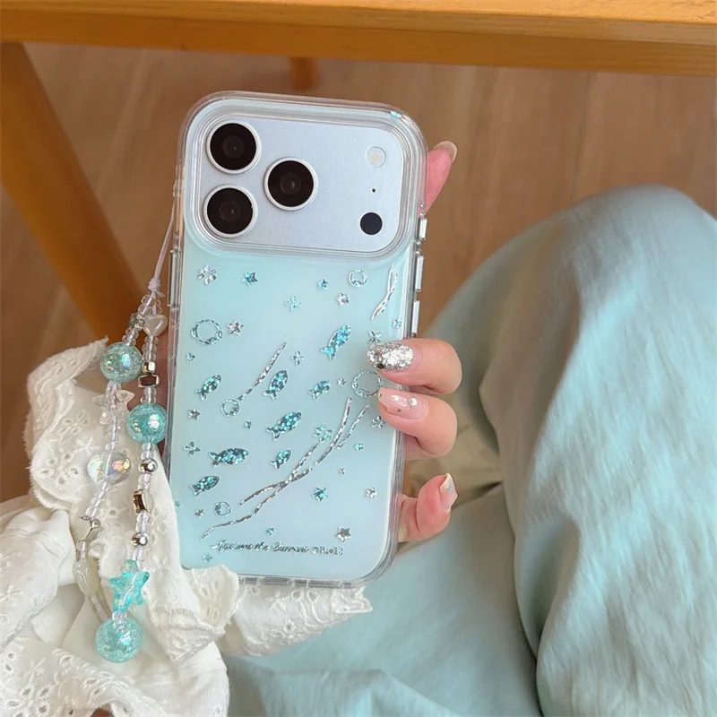 

Blue Ocean Fish Phone Case with Bead Chain for iPhone 14 15 16 17 Pro Max Clear Glitter Shockproof Protective Cover Cute Case