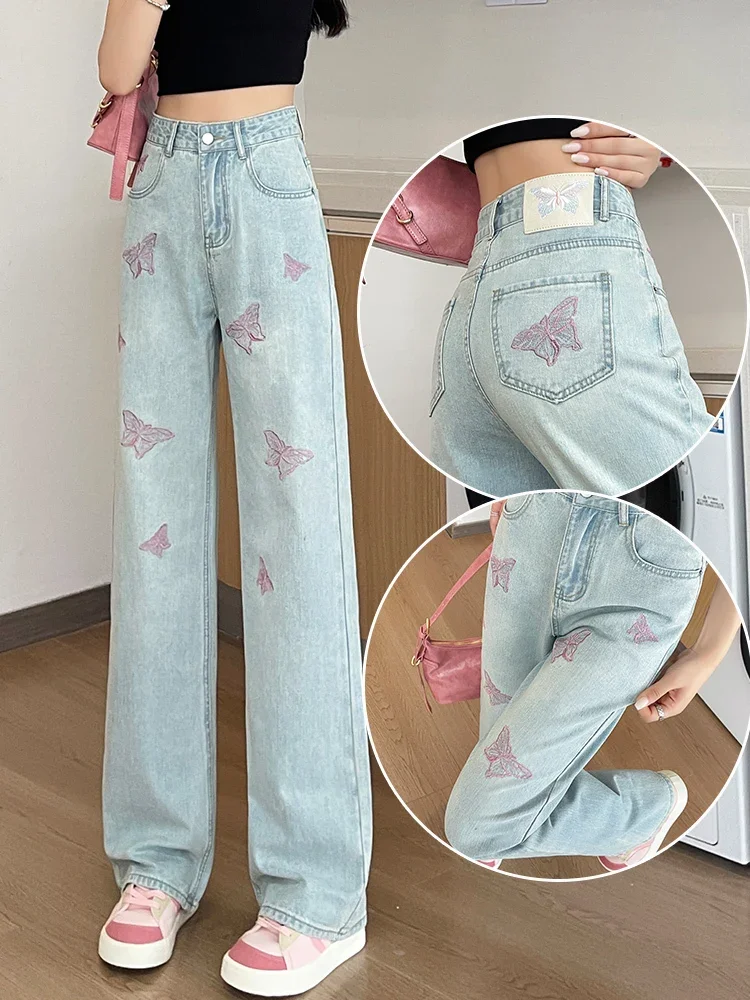 

Embroidered Jeans for Women 2024 Summer New Casual High Waisted Slimming Light Blue Denim Straight Trousers Female