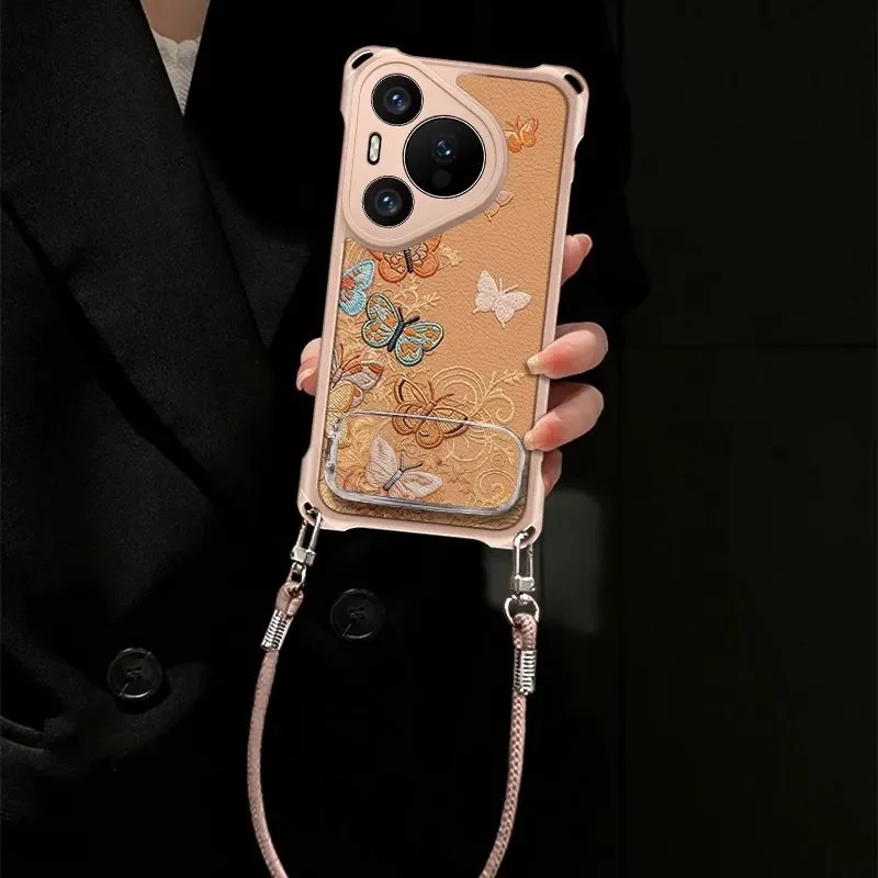 

Vintage Gold Butterfly Pattern Phone Case For Huawei Pura70 80 Pro P60 P50 Pro Mirror Kickstand Lanyard Corner Shockproof Cover