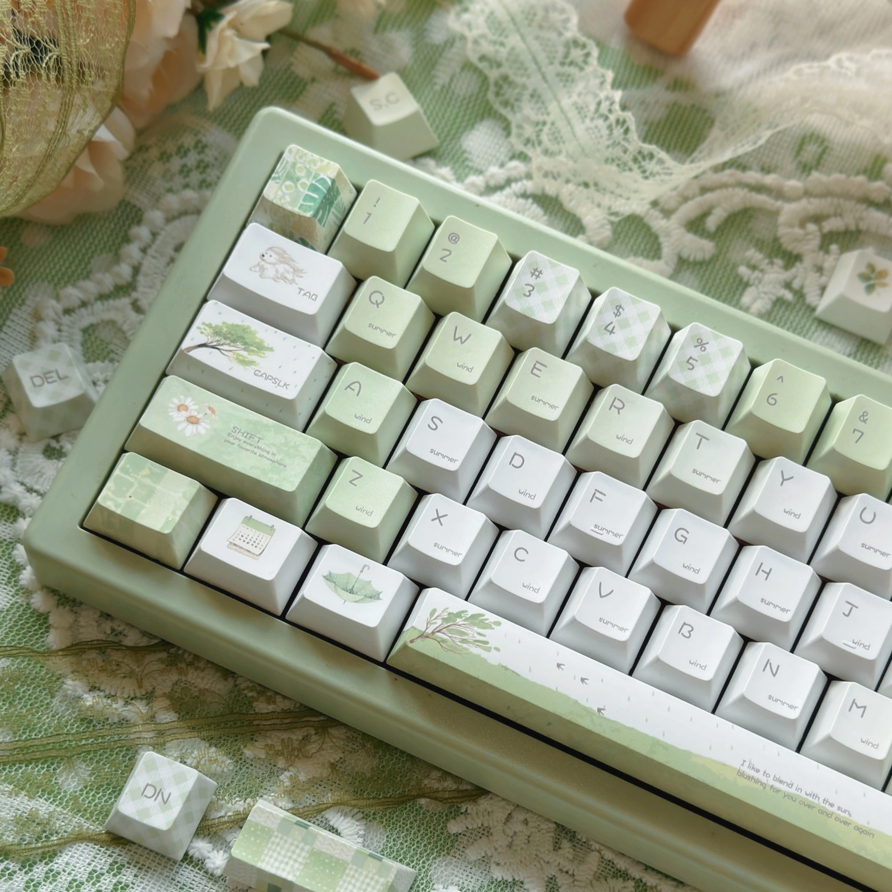 Keycaps Summer Rain Cherry Pbt Material Personality Cute Fresh Light Green Eye Protection Summer Keycaps 130Keys