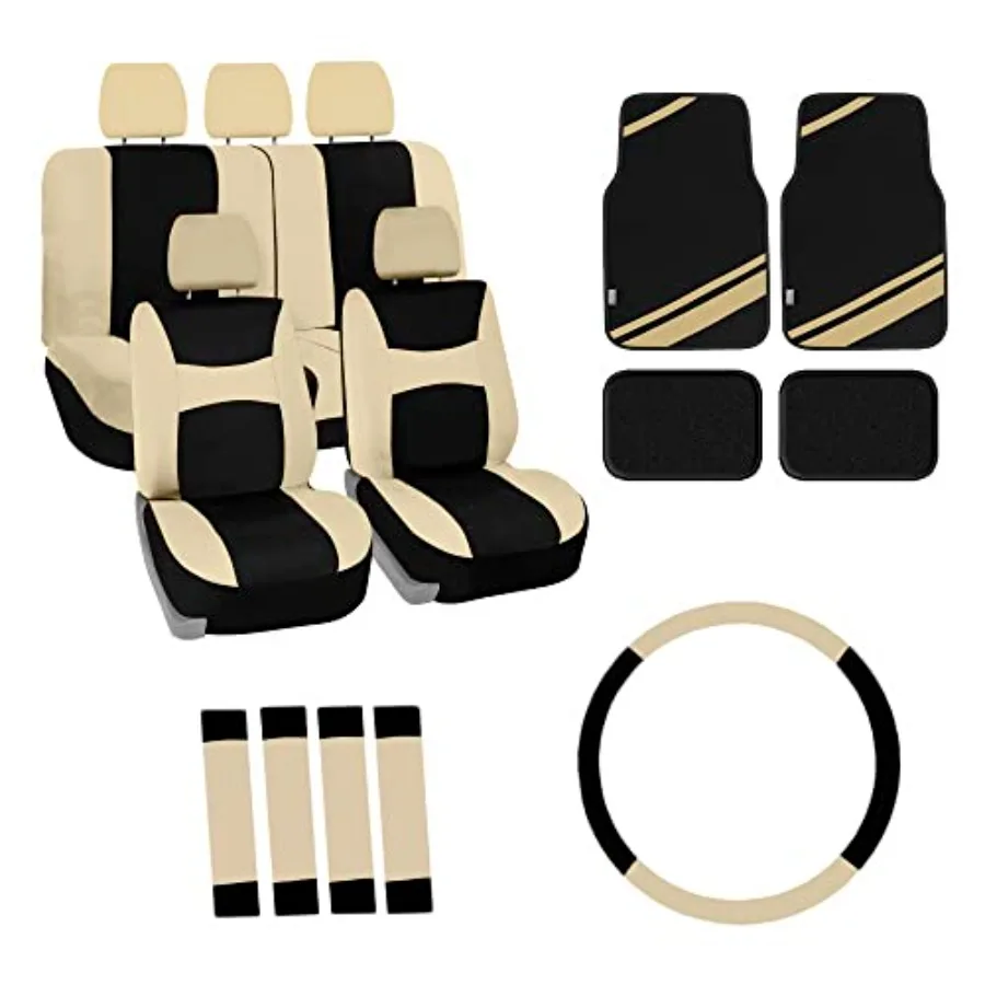 

Light Breezy Cloth Car Seat Covers Combo Set with Luxe Carpet Floor Mats Steering Wheel Cover and More Interior Accessories in