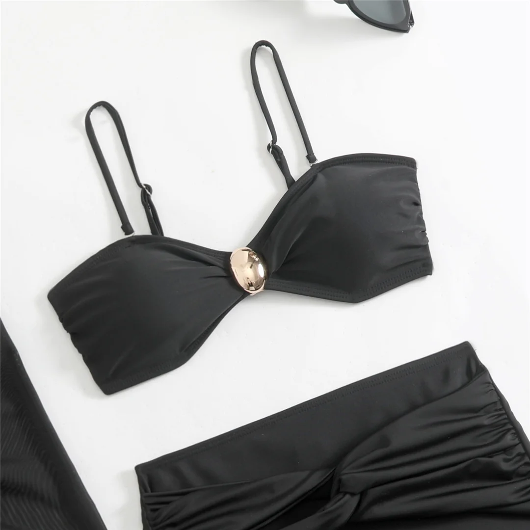Mit Rock, Metallring, hoher Taille, Bikini, Damen-Badeanzug, dreiteiliges Bikini-Set, Damen-Badebekleidung, Badeanzug, Schwimmanzug V6917 – Detail 14