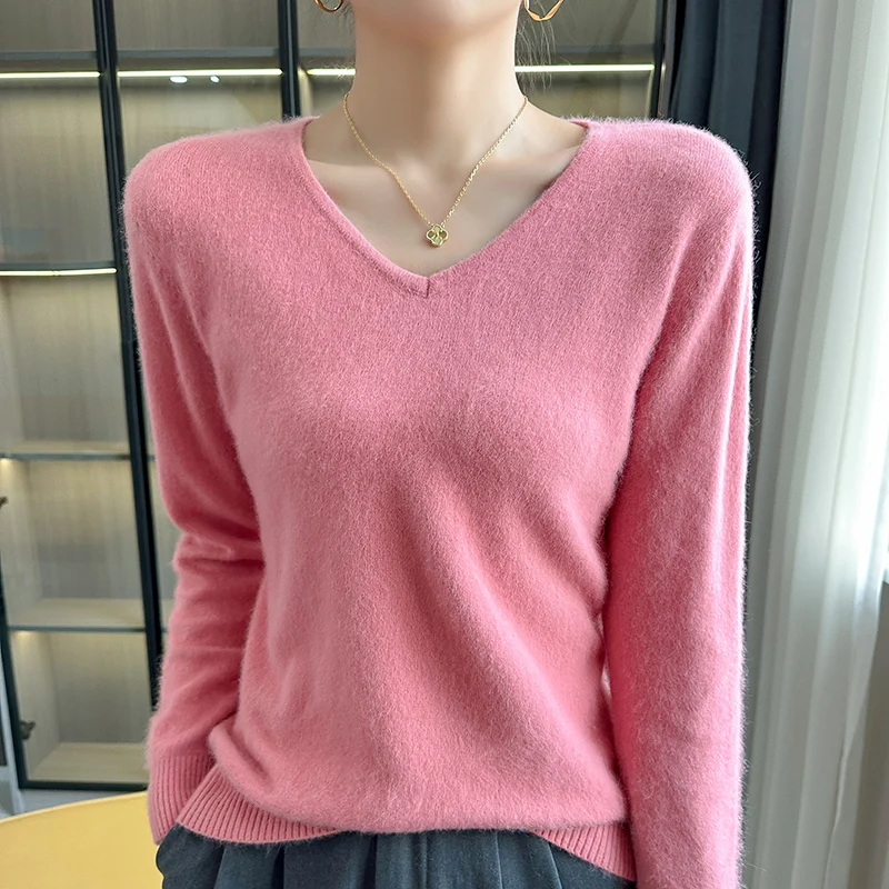 Autumn Winter New 100% Cashmere Sweater Women\'s Clothing V-Neck Knitted Pullover Tops Solid Color Long sleeved Women\'s sweater