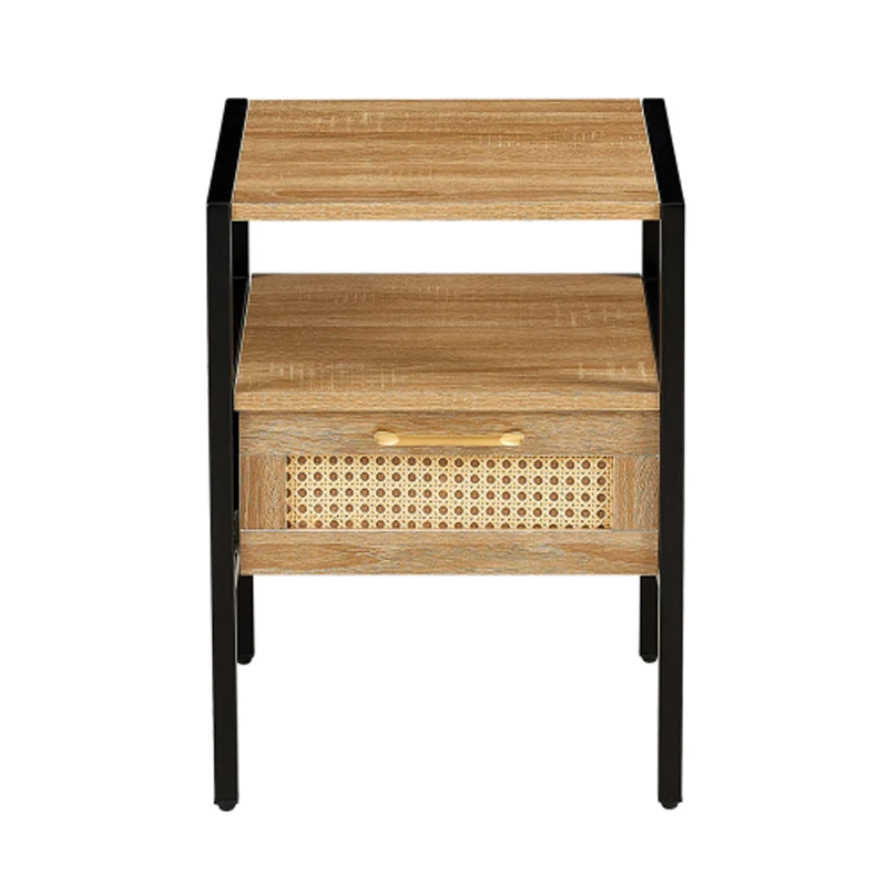 15,75" Rattan-Beistelltisch mit Schublade, moderner Nachttisch, Metallbeine, Beistelltisch für Wohnzimmer, Schlafzimmer, natur (1 Stück)