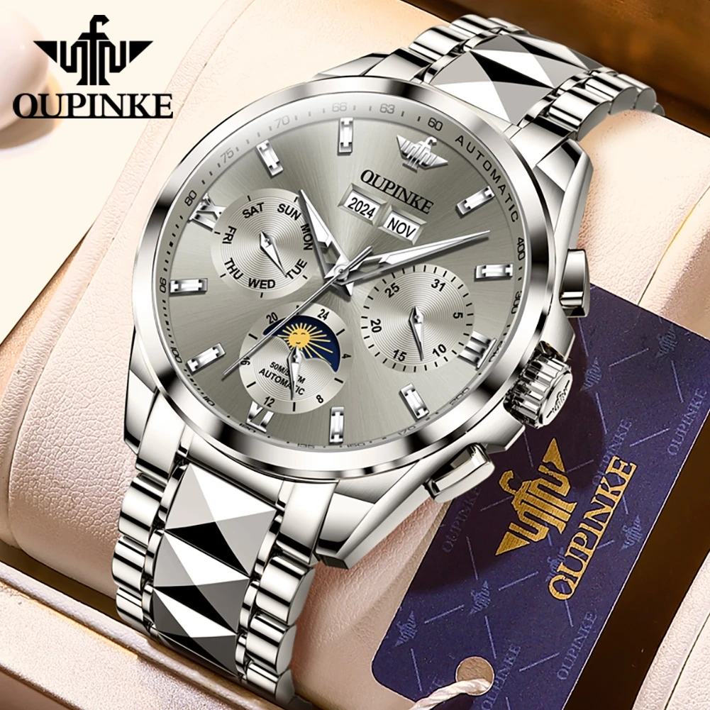 OUPINKE 3201 Multifunctional Men's Watches Luxury Classic Automatid Mechanical Wrist Watch Gray Dial Date Week Display Watch