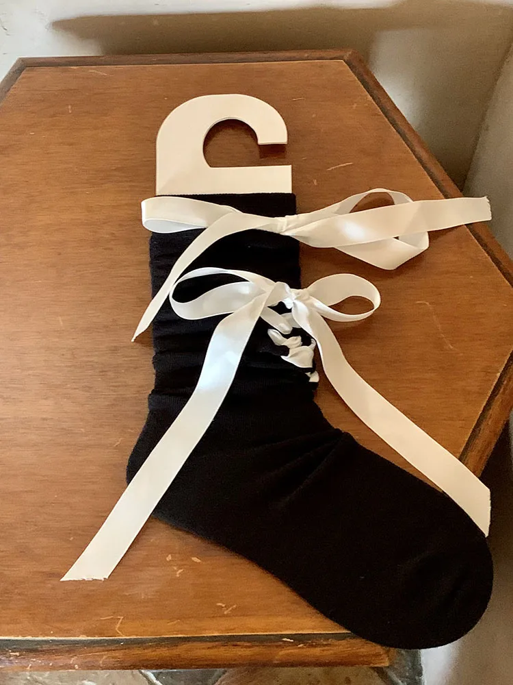 Tube Socks Colored Cotton Ribbon Short Ballet Girl Leg Shaping Bow Summer Long Black andWhite Solid Color Four Seasons Universal