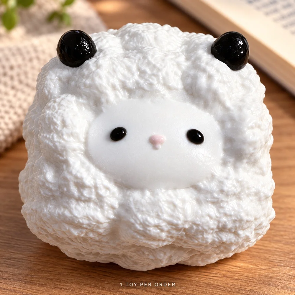 Sheep Squishy Squeeze Toy White TPR Animal Shape with Textured Wool and Dark Horns Cute Desk Fidget Gift for Adults Single Piece