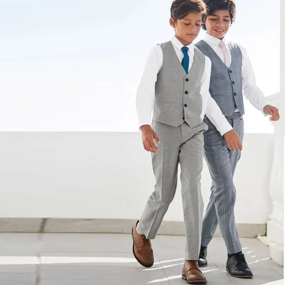 

Grey 2 Pieces Boy's Formal Wear Slim Fit Vest Pants Custom Made Junior Kids Special Occasion Wear Bouquet Suit with Jacket