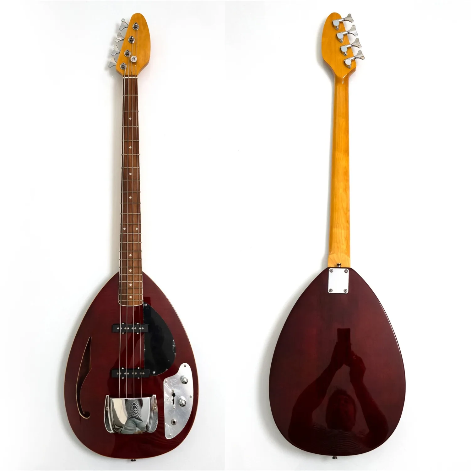 4 Strings Semi Hollow Body Electric Bass Guitar, Mahogany Body Maple Neck Rosewood Fingerboard, JB Pickups Red