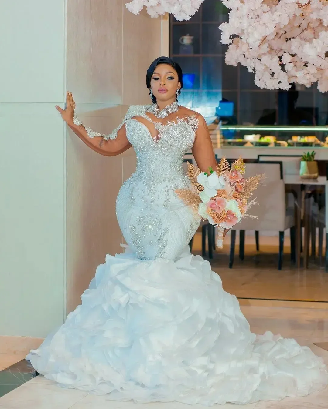 

Customized Arabic White Mermaid Wedding Dress Beaded Crystals Lace Long Sleeve Bridal Gowns With Detachable Train Dresses