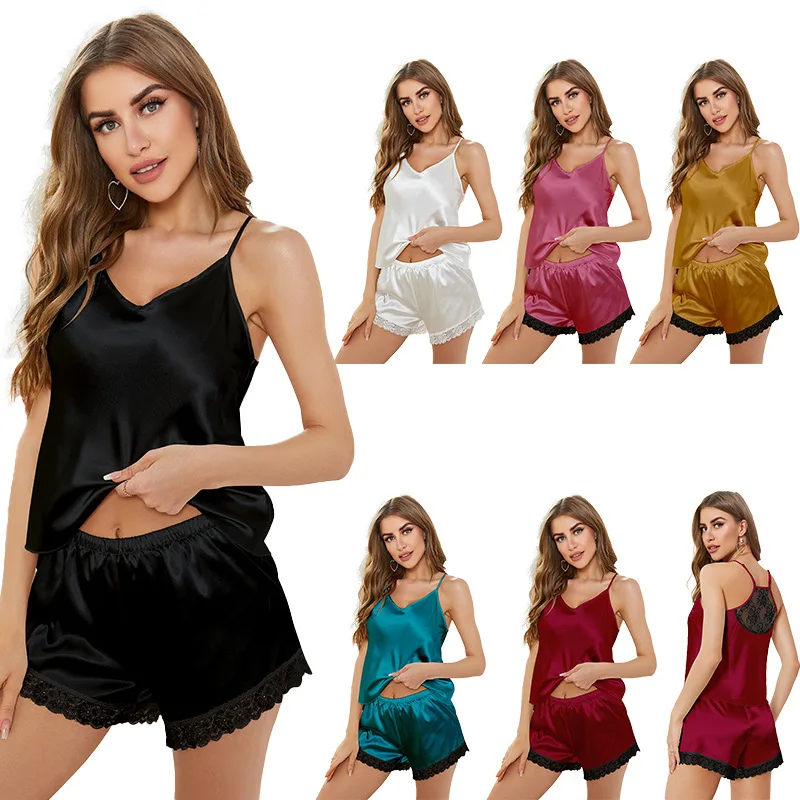 

2PCS Pajamas Set Sexy Strap Top Shorts Sleep Suit Sleepwear Nightwear Intimate Lingerie Summer Satin Home Wear Outfits