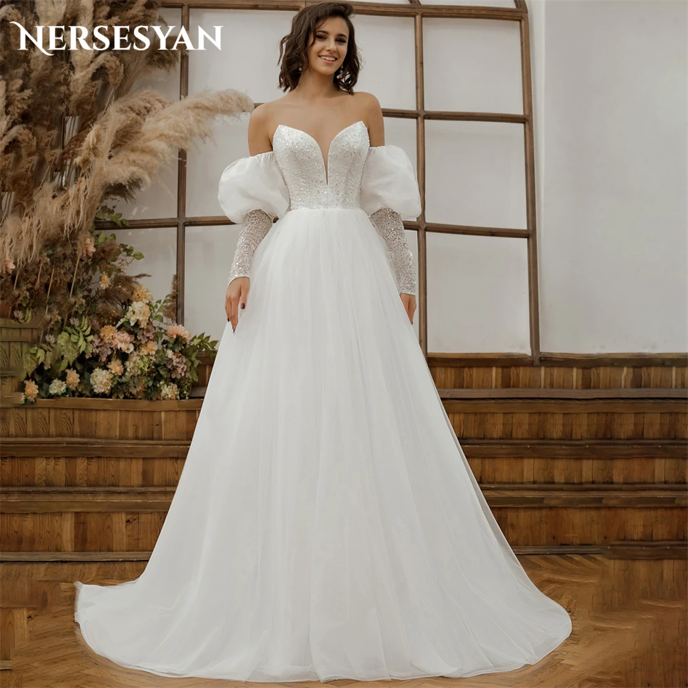 

Nersesyan Vintage Glitter Wedding Dresses V-Neck A-Line Pearls Puff Sleeves Off Shoulder Bridal Gowns Backless Bride Dress 2024