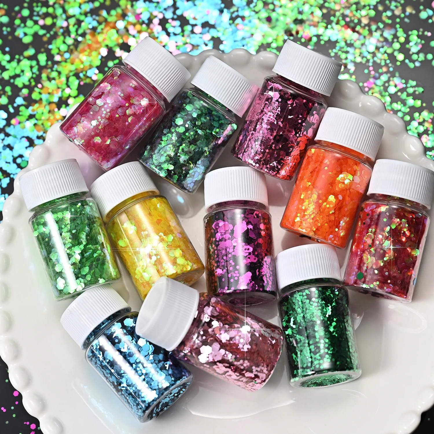 

11 jar/Set Holographic Chunky Nail Glitter Hexagon Sequins Iridescent Holographic Laser Flakes Nail Powder Manicure Decoration