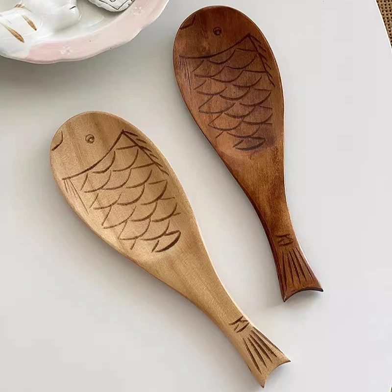 Japanese-style Cute Wooden Fish-shaped Natural Solid Wood Rice Spoon for Electric Rice Cooker