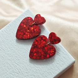 Customized sparkling red heart-shaped earrings, stainless steel earrings, birthday gift