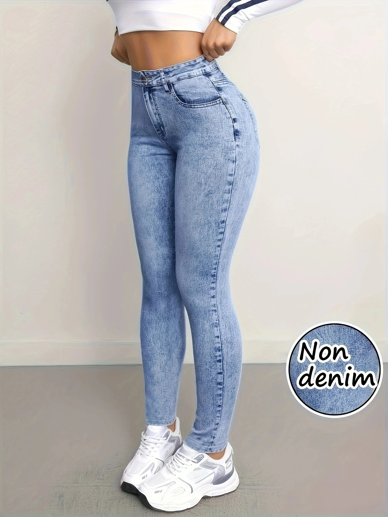Damen High-Waist Stretch Lange Leggings mit Faux-Denim-Print, Skinny Pencil Pants, Slim Fit, Nicht-Denim Jeggings – Detail 2