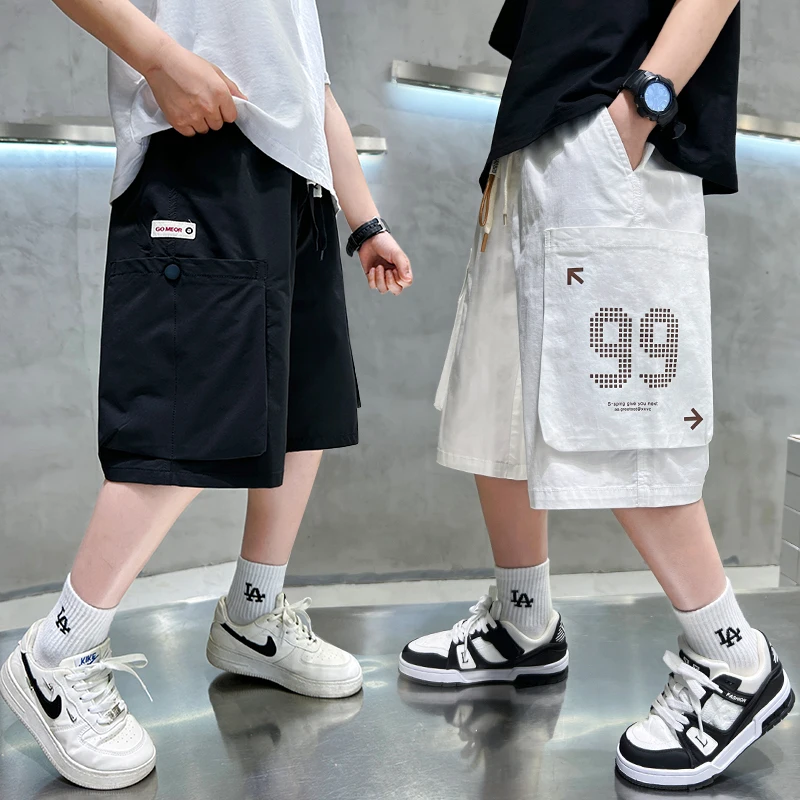 2025 New Arrival Korean Kids Child Cotton Cargo Shorts With Side Pocket for Teenager Boy Fashion Casual Knee Length Capris Pants