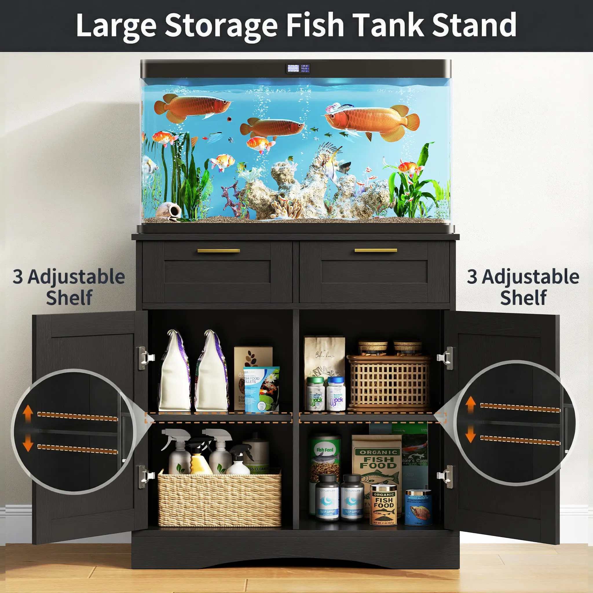 20 Gallon Fish Tank Stand, with Storage Cabinet and 2 Drawers Fish Tank Stand, Fish Tank Accessories Storage, for 20-29