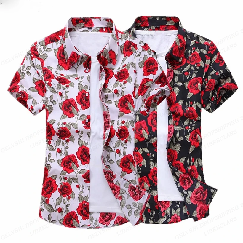 

2024 Floral Hawaiian Shirts Men Fashion Short Sleeve Shirt Flower Blouse Turn Over Collar Casual Lapel Camisas Men's Clothing